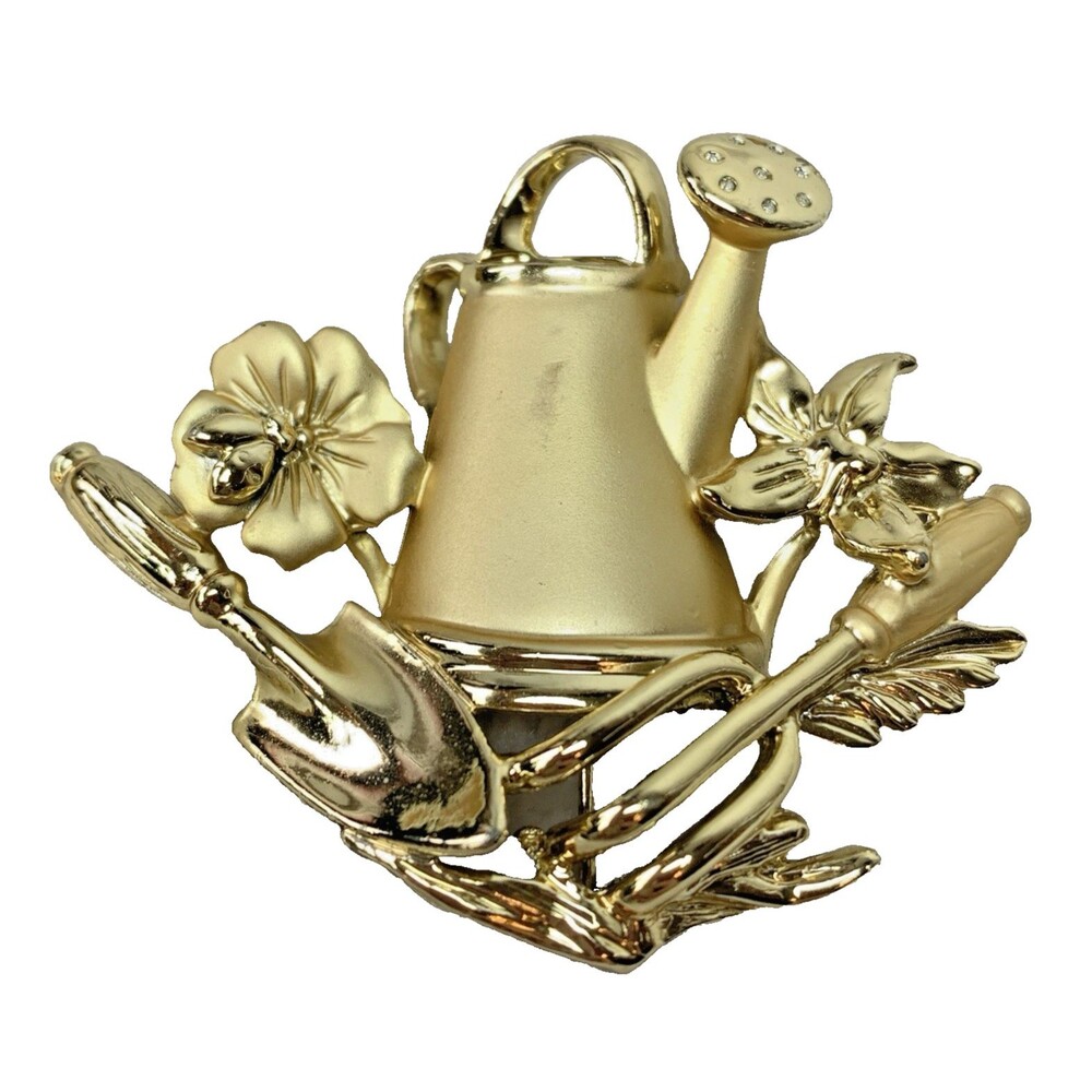 AJC Vintage Matte Gold Tone Gardening Watering Can Brooch Cottagecore Floral Pin